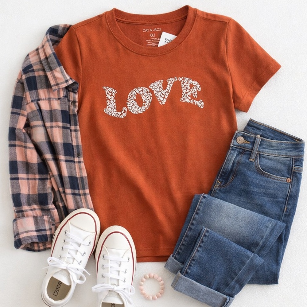 Cat & Jack Girls Love Graphic Tee XXL 16/18 Rust Floral Boho Tween Kids Top NWT